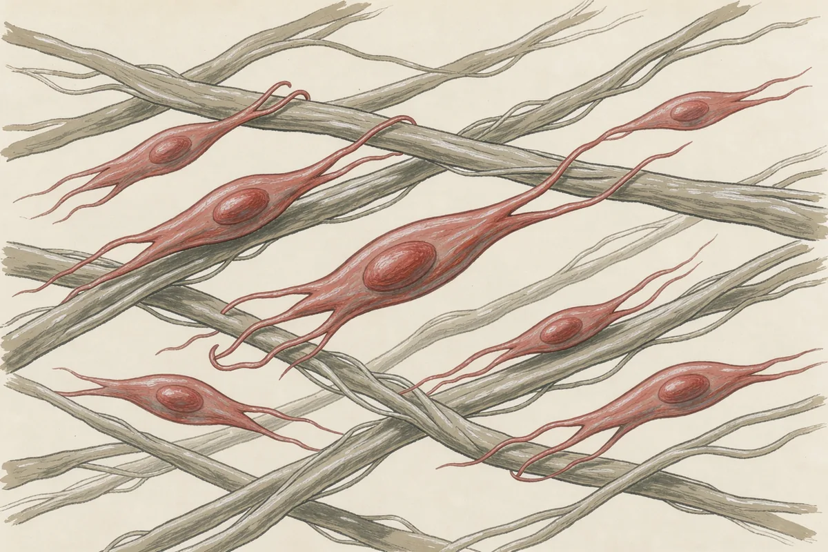 Spindle-shaped cells extend across loose fibres in a cream and vermilion editorial illustration.