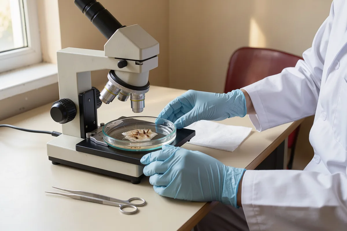 An anonymous technician adjusts a microscope above a small hair-bearing tissue preparation on a pale workbench.