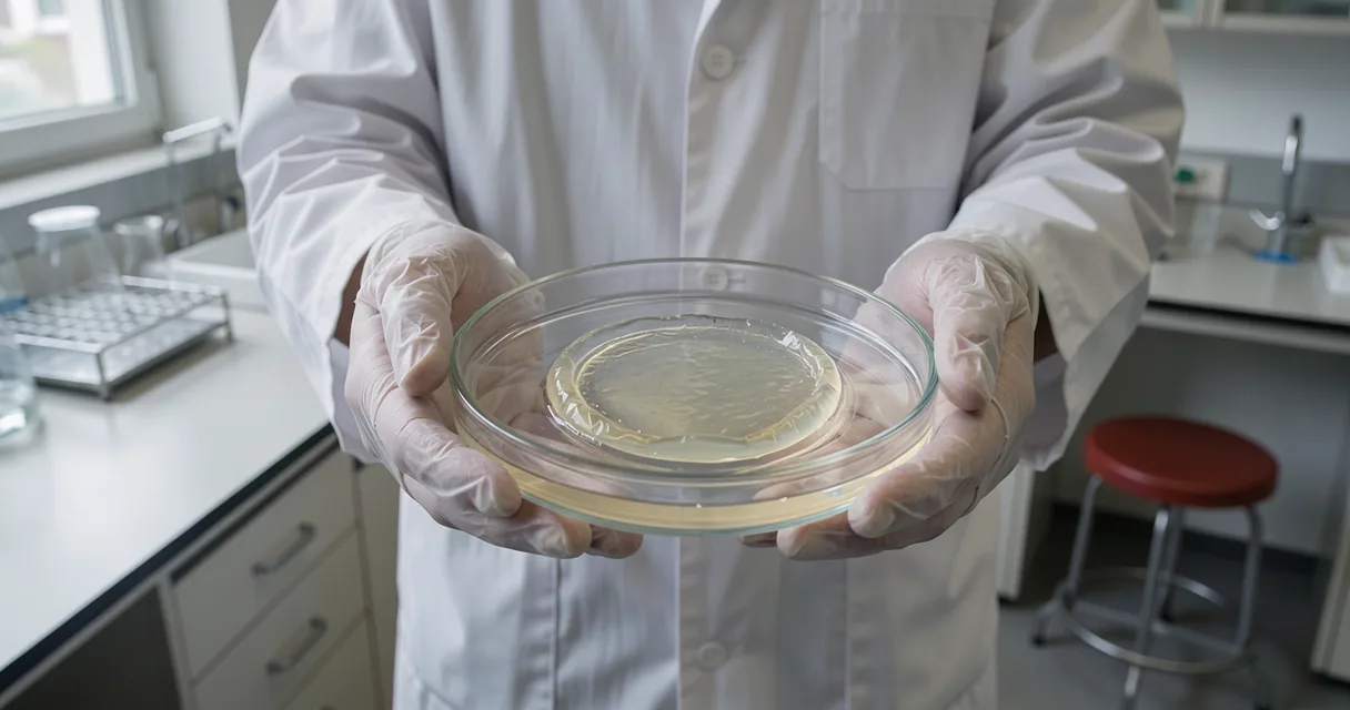An anonymous technician holds a shallow glass dish containing a pale gel disk with a clear gap around its edge.