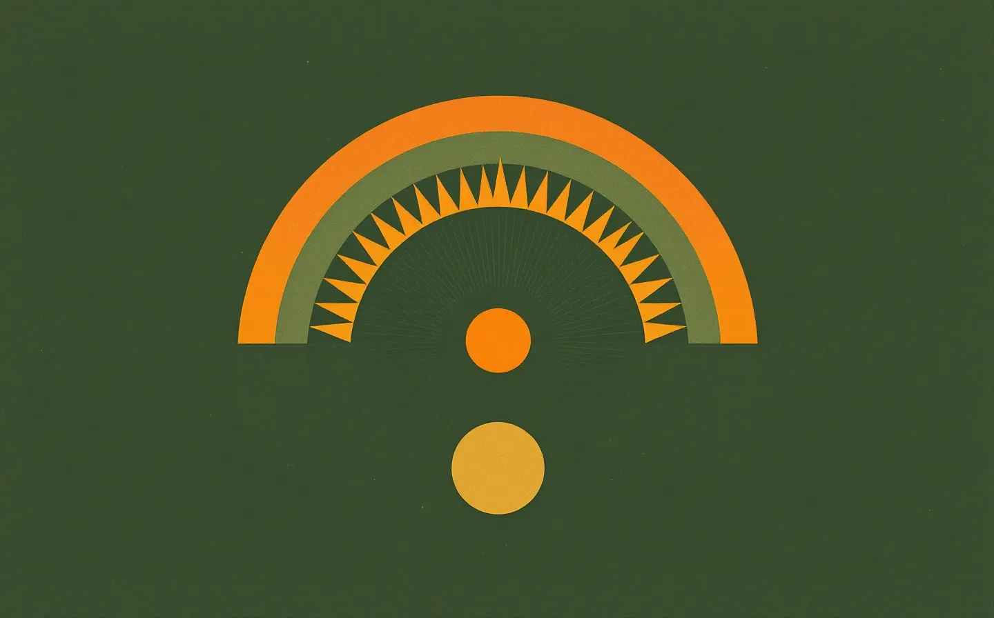 Warm 1970s park-poster diagram of a burnt-orange copper(II) coordination node bonded to a three-bead tripeptide chain under a faint arch-sunburst, on a deep forest-pine ground