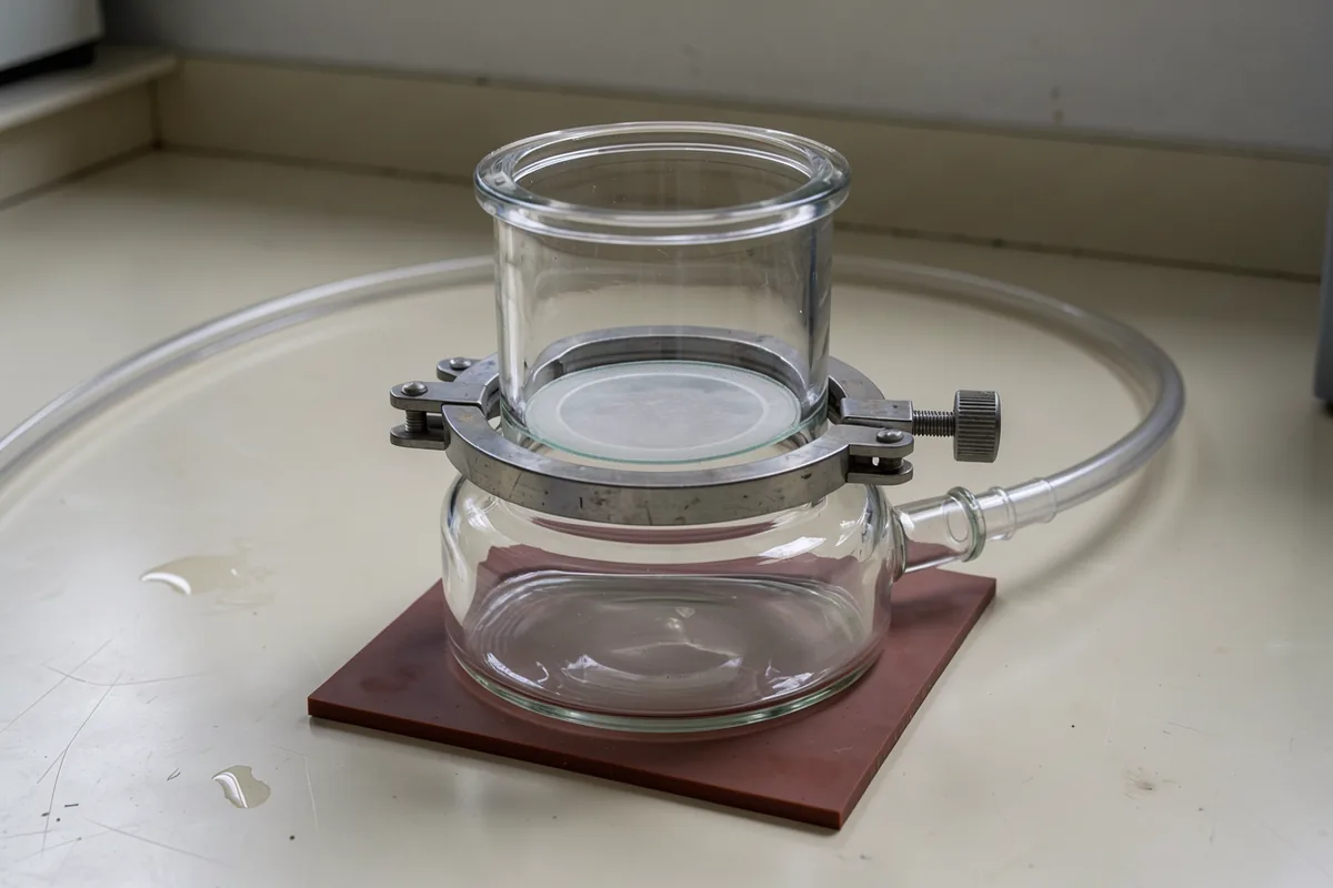 A glass skin-diffusion chamber sits on a cream laboratory bench beside metal clamps and clear tubing.
